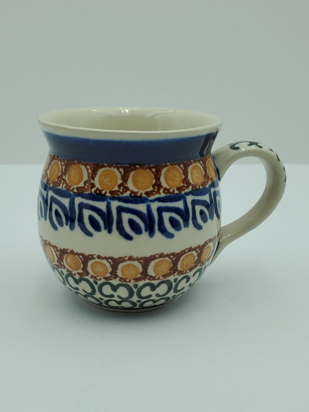 Polish Pottery Blue Green Coral Rust Pattern Small Bubble Mug Small Belly Mug